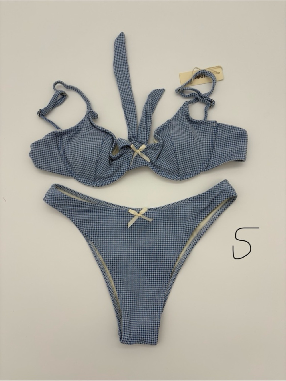 Blue Gingham Tie-Front Bikini Set - Women Swim Bikinis NWT - Picture 1 of 3